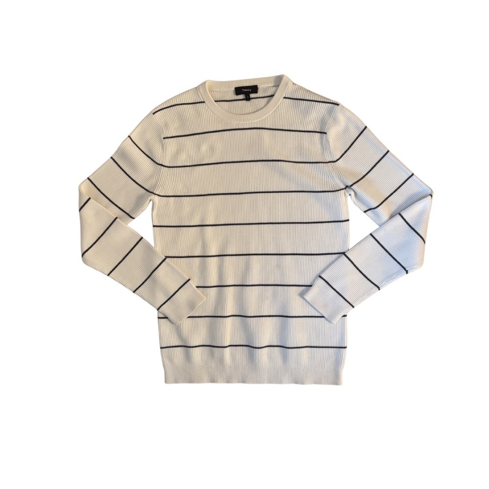 Theory White Ribbed Crewneck Sweater with Black Stripes